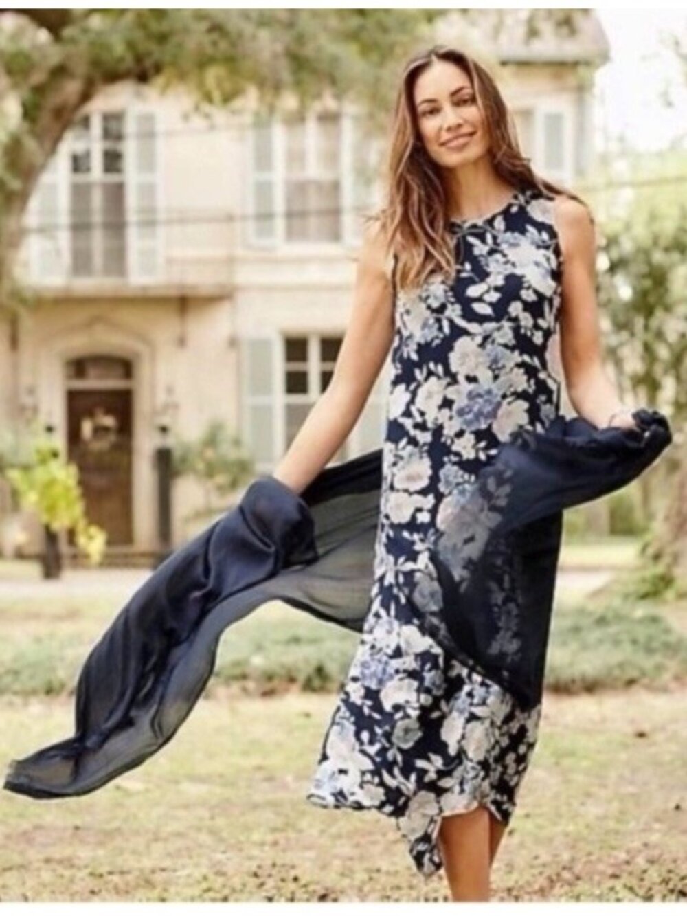 J. Jill Sleeveless Maxi Dress Womens M Navy Blue Floral Crewneck 100% Rayon - Picture 2 of 16